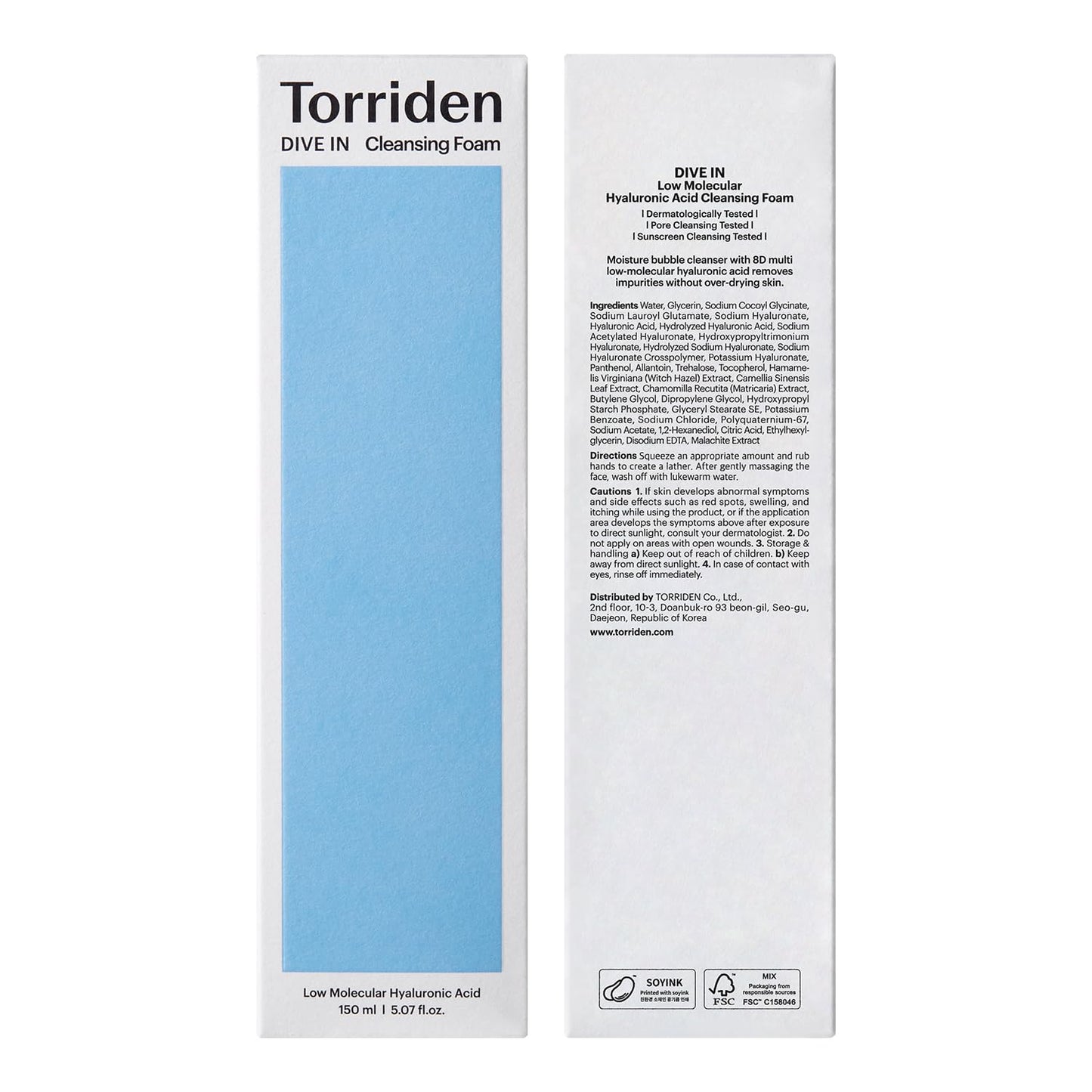 Torriden – DIVE-IN Low molecular Hyaluronic acid Foam Cleanser 150ml